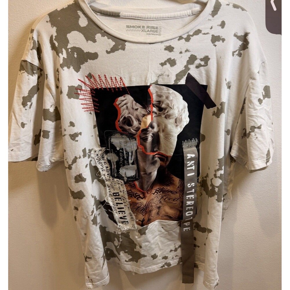 Smoke Rise XL Graphic T-Shirt | Distressed Art Print Streetwear Tee W Patchwork